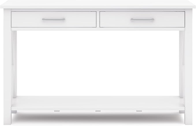 SIMPLIHOME Kitchener Console Table - 47 Inch Wide Solid Wood Sofa Table in White, Contemporary Storage Table for Entryway or Living Room with 2 Drawers, Bottom Shelf, and X-Design Side Panels