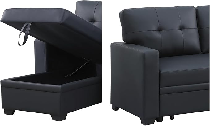 L-Shape Sofa Bed, 82" Sectional Couch with Storage Chaise, Pull Out Sleeper Sofa with Removable Back Cushions, Convertible Corner Couch for Living Room Apartment, Black