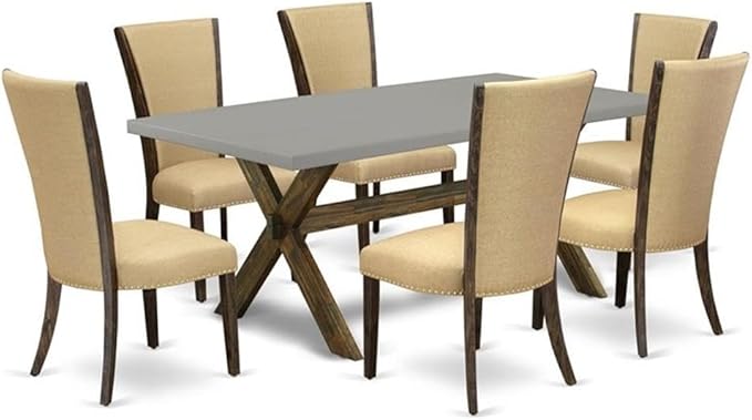 East West Furniture X797VE703-7 7 Piece Dining Set Consist of a Rectangle Dining Room Table with X-Legs and 6 Brown Linen Fabric Upholstered Parson Chairs, 40x72 Inch, Multi-Color