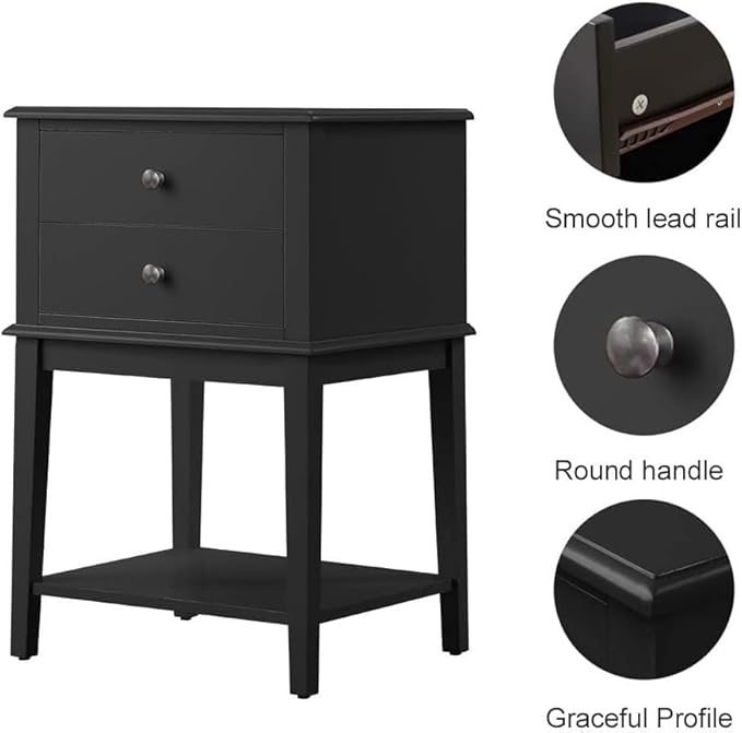 conifferism Black Nightstand End Table with Drawers and Storage Shelf,Tall Bedside Tables for Bedroom