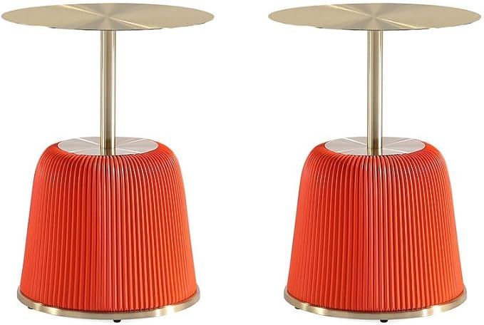 Manhattan Comfort Anderson Modern 15.75" Round End Tables 1.0 - Elegant Leatherette Upholstered Base with Pleated Design & Gold Steel Tabletop, Fully Assembled Accent Furniture, Set of 2, Orange