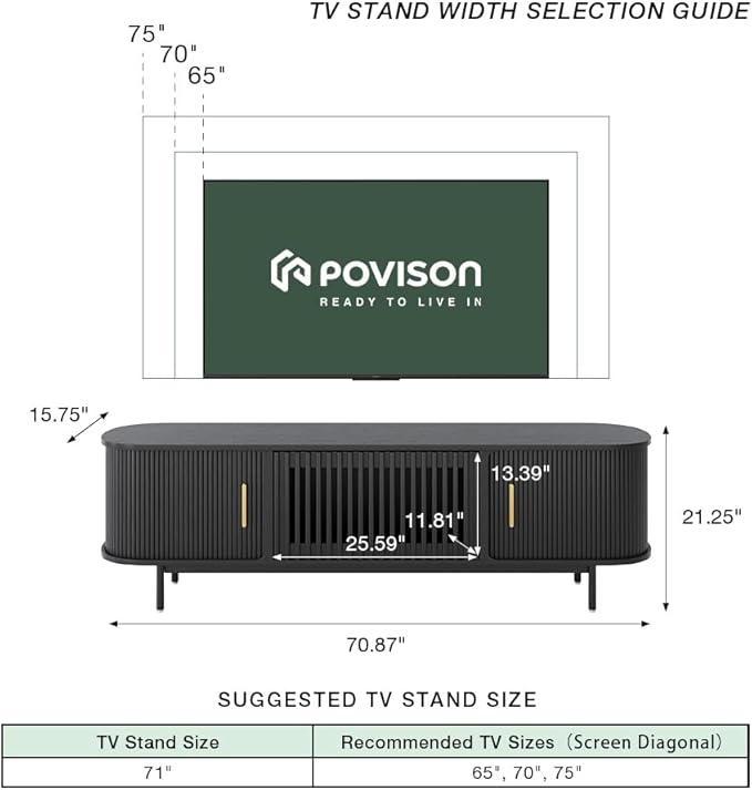 POVISON Sliding Tambour Door TV Stand with LED Lights, Mid Century Modern TV Console, Wood Media Console, Entertainment Center with Storage Cabinet, Fully-Assembled (Black, 70.87")