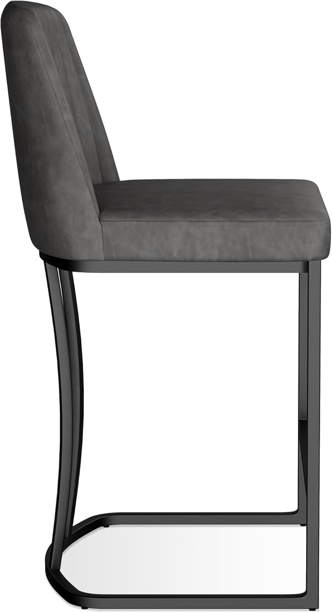 Bar Stools Set of 2, Faux Leather Counter Height Barstools, Upholstered Kitchen Counter Stools with Back and Stitching, 25.6" H Kitchen Island Stools Bar Chair, Metal Framed, Black Grey