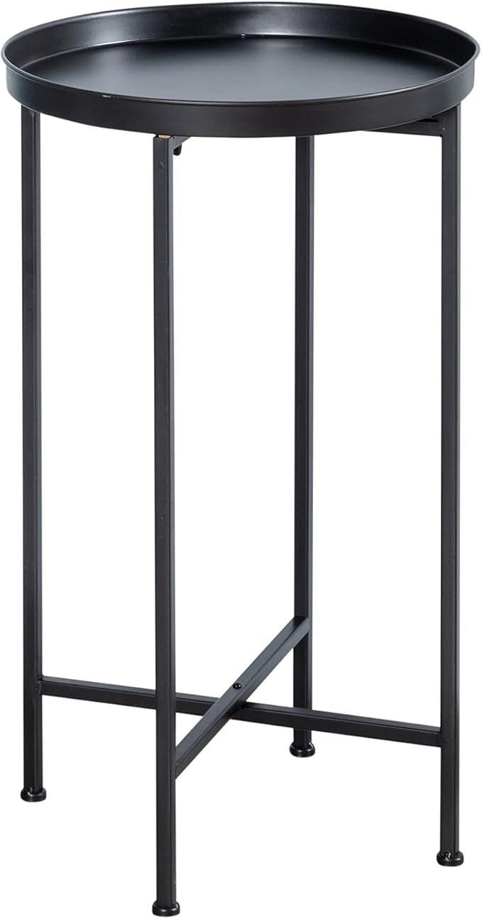 HollyHOME Small Round Metal Waterproof End Table, Accent Indoor&Outdoor Coffee Side Table, Snack Sofa Table for Living Room, Anti-Rust Decorative Plant Stand, (D) 14.5" x (H) 25", Black