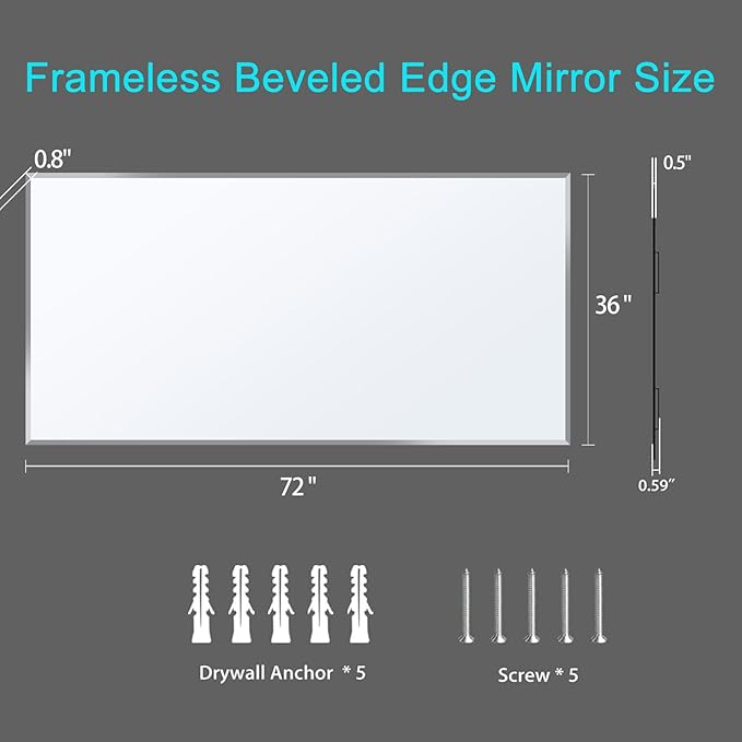 Frameless Beveled Edge Bathroom Mirror 36x72 Inch Rectangle Wall Mirror Explosion Proof and Shatterproof Bathroom Vanity Mirror Wall Mounted Hang Firmly (Horizontal or Vertical)