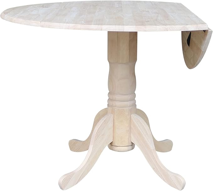 IC International Concepts, Round Dual Drop Leaf Pedestal Dining Table, Solid Real Wood, Sturdy Parawood, Dimensions 42"D x 42"W x 29.5"H, 40lbs Capacity, Paint/Stain Ready, Unfinished