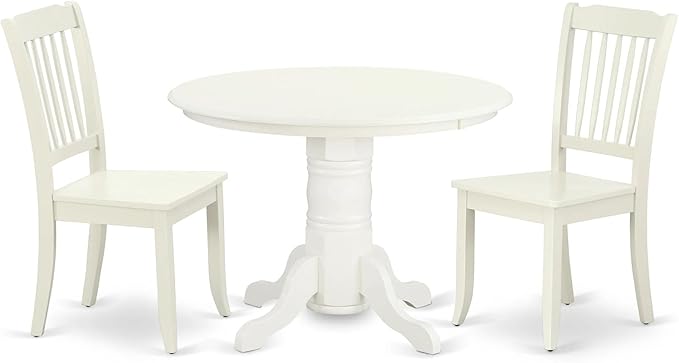 East West Furniture SHDA3-LWH-W 3 Piece Kitchen Table Set for Small Spaces Contains a Round Dining Table with Pedestal and 2 Dining Room Chairs, 42x42 Inch, Linen White