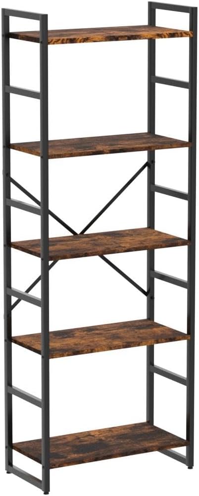 Shintenchi 5 Tiers Bookshelf, Classically Tall Bookcase Shelf, Industrial Book Rack, Modern Book Holder in Bedroom/Living Room/Home/Office, Storage Rack Shelves for Books/Movies-Rustic Brown