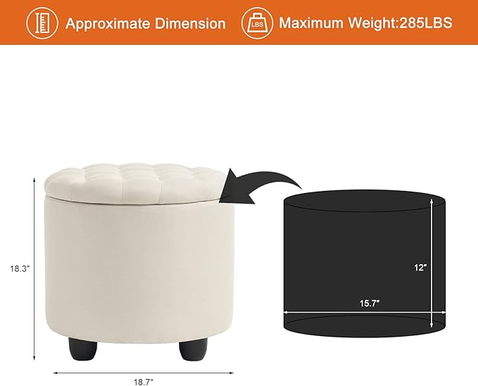 Furniliving Modern Round Storage Ottoman,Button Tufted Ottoman Foot Stools Ottoman Footstool with Removable Lid Storage Ottoman for Living Room, Bedroom, Makeup Room，Beige