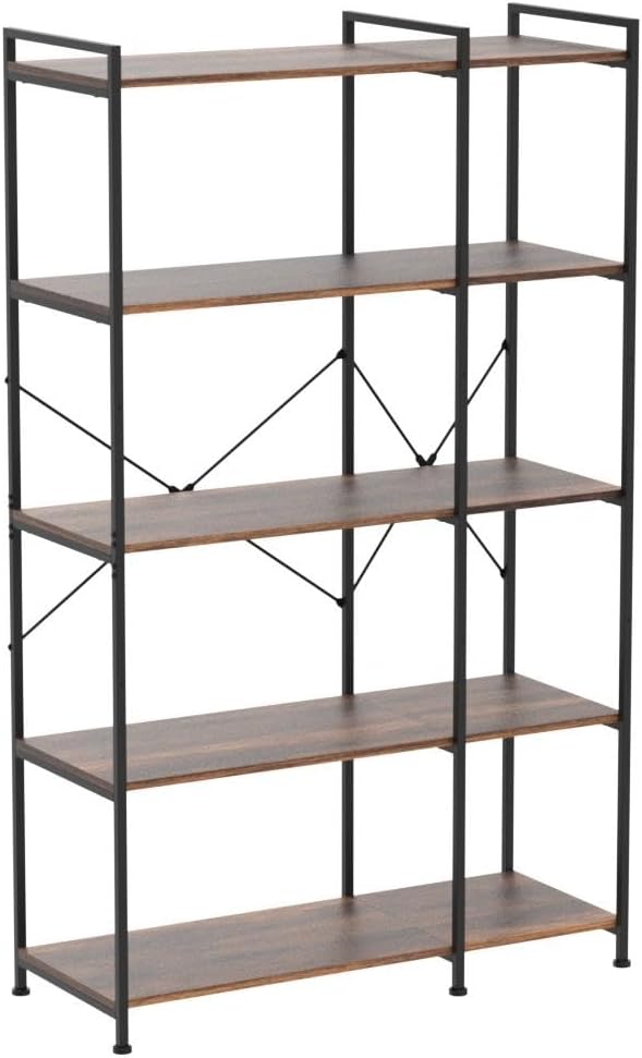 Tohomeor Bookshelf 5 Tier Deformable Corner Bookcase Free Standing Modern Industrial Book Storage Display Book Shelf for Bedroom Living Room Study Room Office (Brown)
