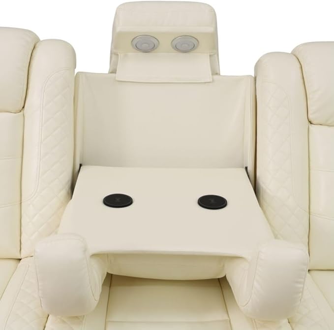 Electric Power Recliner Sofa Living Room Furniture, Comfy Home Theater Breathing Leather Seating with USB 2.0 Charging Ports, LED Light Strips, Fold-Down Table & Wireless Charging Device (White-2)