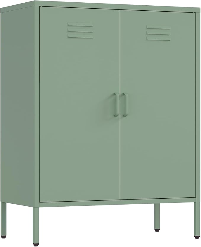 Manhattan Comfort Naomi Modern Metal Accent Cabinet, Minimalist Storage Cabinet with Doors & Adjustable Shelves, Vented Doors, Sturdy Steel Build, Versatile & Multi-Purpose Home Furniture, Green