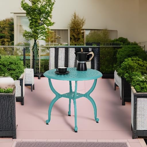 JARDIN DE CENTENNIAL Cast Aluminum Outdoor Side Table,Anti-Rust Outdoor End Table,Patio Coffee Bistro Table for Indoor,Garden,Porch,Balcony(Round Blue)