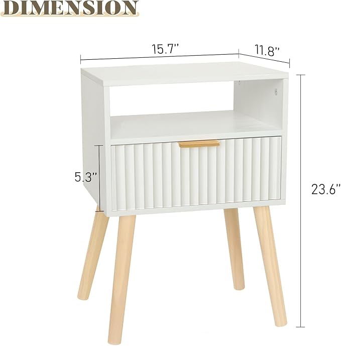 Night Stand, White Bedside Table with Drawers and Open Shelf, Fluted Nightstand with Solid Wood Legs for Bedroom, Dorm and Small Space (White)