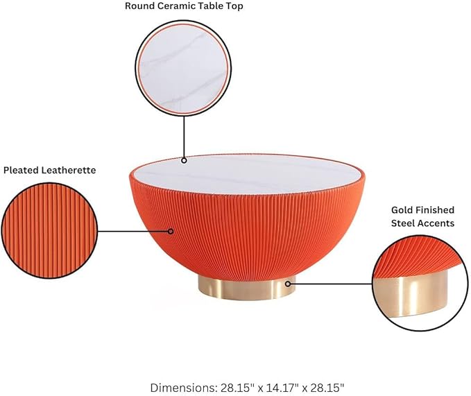 Manhattan Comfort Anderson Modern 28.15" Round Coffee Table 2.0 - Ceramic Marble Tabletop, Elegant Pleated Leatherette Details & Gold Base, Fully Assembled Accent Furniture, Set of 1, Orange
