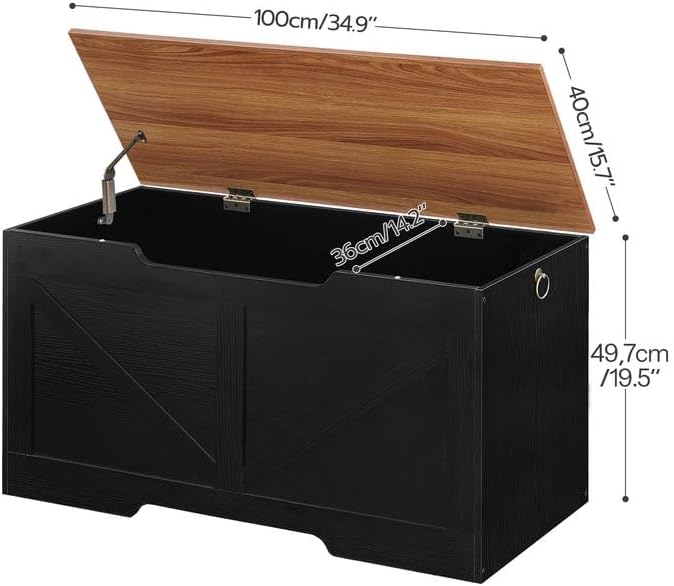 HOOBRO Storage Bench, 39.4" Retro Wooden Storage Chest with U-Shaped Cut-Out Pull, Safety Hinge, Supports 220 lb and Easy Assembly for Toy Box Organizer (Black and Walnut) BH771CW01