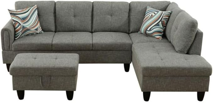 Grey-2 L-Shaped 3-Piece Linen Sofa with Storage Ottoman Set, Sectional Couch Sofa Set for Living Room, Office, Small Space