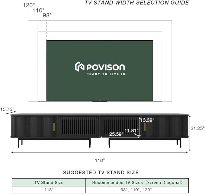 POVISON Sliding Tambour Door TV Stand, Mid Century Modern TV Console, Wood Media Console, Entertainment Center with Storage Cabinet, Fully-Assembled (Black, 118.11")