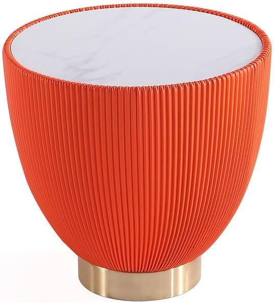 Manhattan Comfort Anderson Modern 18" Round End Table 2.0 | Ceramic Marble Tabletop, Elegant Pleated Leatherette Design & Gold Stainless Steel Base, Fully Assembled Accent Furniture, Set of 1, Orange
