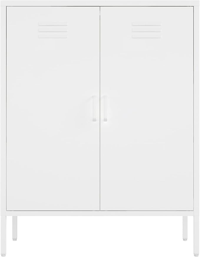 Manhattan Comfort Naomi Modern Metal Accent Cabinet, Minimalist Storage Cabinet with Doors & Adjustable Shelves, Vented Doors, Sturdy Steel Build, Versatile & Multi-Purpose Home Furniture, White