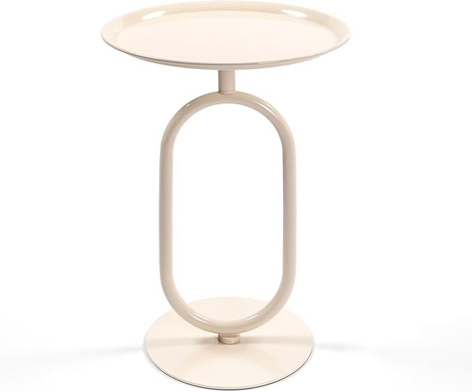 Lantern-Shaped Metal End Table, Small Round Side Accent Pedestal Modern Coffee Drink Cocktail Table for Living Room Corners Small Spaces(24'' Height,Cream White)