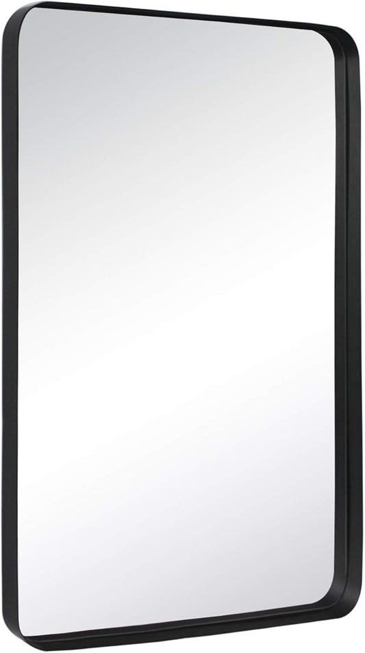 TEHOME 24x36 Matt Black Metal Framed Bathroom Mirror for Wall in Stainless Steel Matte Black Rounded Rectangular Bathroom Vanity Mirrors Wall Mounted