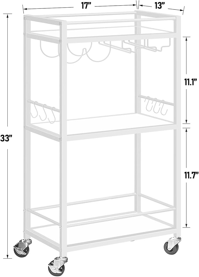 TUTOTAK Bar Cart, Home Bar Serving Cart, Drink Cart with 3-Tier Mirrored Shelf, Mobile Kitchen Shelf with Wine Rack, BC01BW033