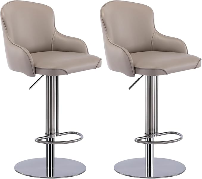 Black Titanium Stainless Steel Bar Stools,Grade Modern Leather Bar Chair with Backrest,Swivel Adjustable Height for Kitchen Counter and Dining Room (Grey Leather-2pcs)