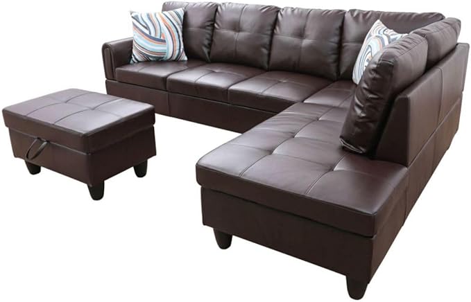 Brown L-Shaped 3-Piece Faux Leather Sofa with Storage Ottoman Set, Sectional Couch Sofa Set for Living Room, Office, Small Space