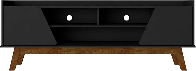 Manhattan Comfort Marcus Mid Century Modern 65 Inch TV Stand with Solid Wood Legs, Cable Management, 5 Shelves and Soft Close Doors, Entertainment Center and Media Console for Living Room, Black