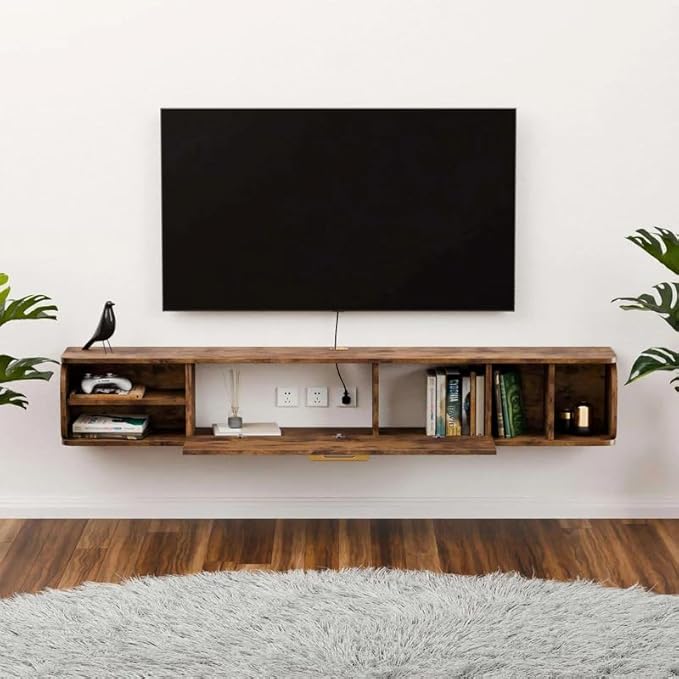 Floating TV Unit, 67'' Wall Mounted TV Cabinet, Floating Shelves with 4 Cabinets, Wooden Entertainment Media Console Center Large Storage TV Bench for Living Room & Office (Rustic Brown)