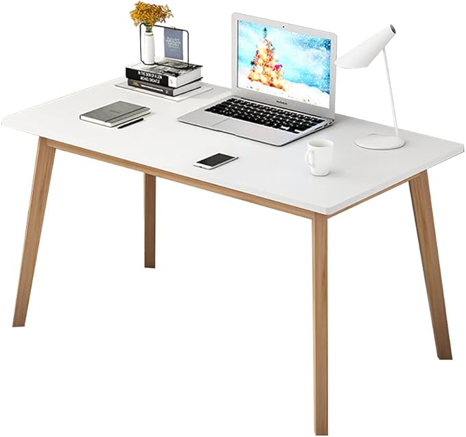 IOTXY Simple Wooden Writing Desk - Modern Minimalist Style PC Laptop Computer Workbench with Solid Wood Legs, 47" W Home Office Work Table for TV Stand Music Video Live Broadcast Workstation, White