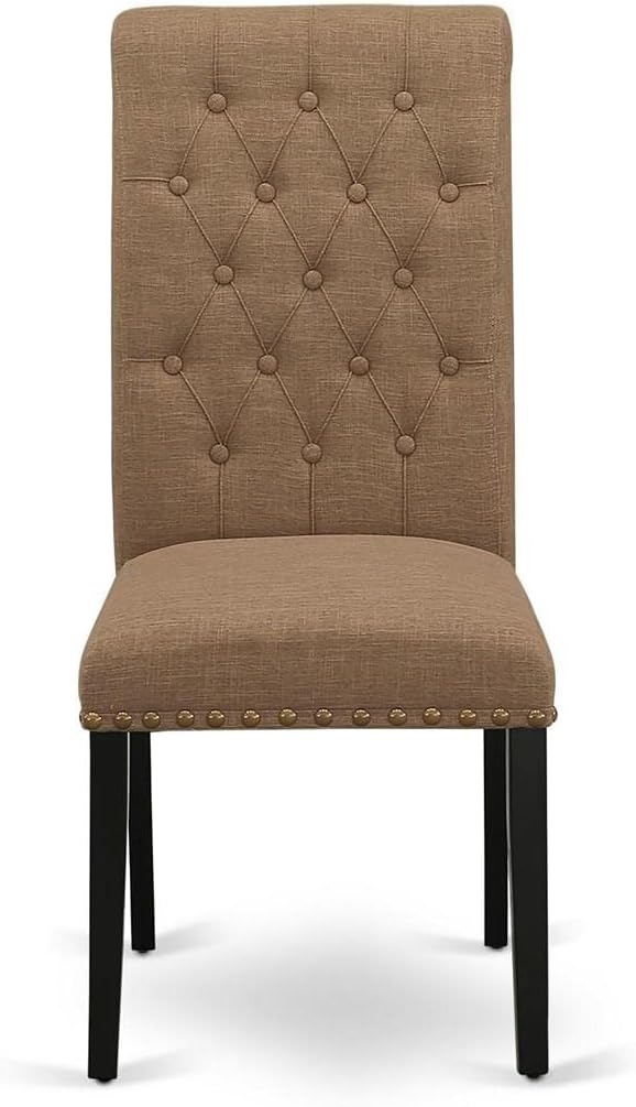East West Furniture BRP1T17 Bremond Parson Dining Room Chairs - Button Tufted Nailhead Trim Light Sable Linen Fabric Padded Chairs, Set of 2, Black