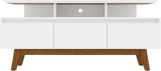 Manhattan Comfort Yonkers 63 Inch Mid Century Modern TV Stand with Storage, 3 Flip Down Door, Hole for Wire Management, Fits Up to 60" Television, Durable & Versatile Console Table, White