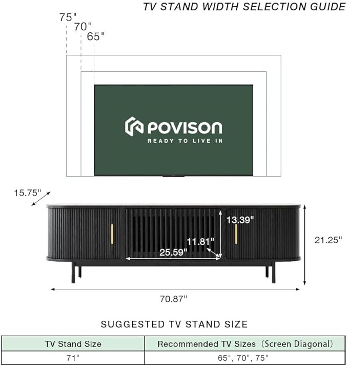 POVISON Fully-Assembled Mid Century Modern Black TV Stand with White Glossy Sintered Stone Tabletop & LED Lights, Rolling Door Media Console, Wood TV Console for Living Room