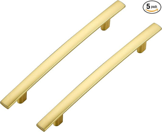 5 Pack Cabinet Handles 5" Hole Center - Curved Cabinet Pulls Brushed Brass Drawer Pulls for Kitchen Cupboard Solid Handles for Dresser Drawer Arch Closet Hardware