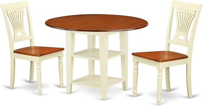 East West Furniture SUPL3-BMK-W 3 Piece Kitchen Table & Chairs Set Contains a Round Dining Room Table with Dropleaf & Shelves and 2 Solid Wood Seat Chairs, 42x42 Inch, Buttermilk & Cherry
