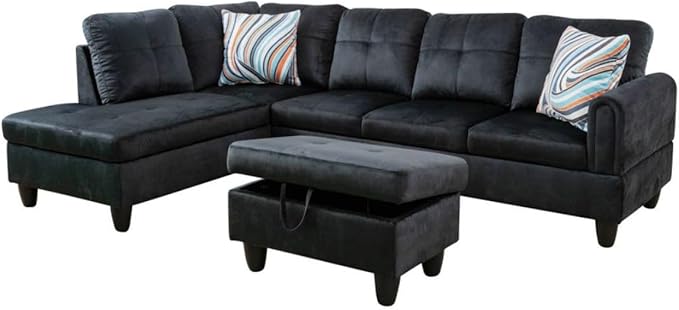 Black L-Shaped 3-Piece Flannel Sofa with Storage Ottoman Set, Sectional Couch Sofa Set for Living Room, Office, Small Space