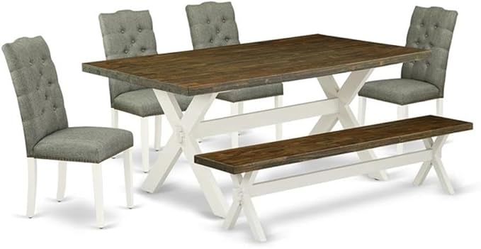 East West Furniture X077EL207-6 6 Piece Kitchen Table & Chairs Set Contains a Rectangle Wooden Table and 4 Gray Linen Fabric Parson Chairs with a Bench, 40x72 Inch, Multi-Color