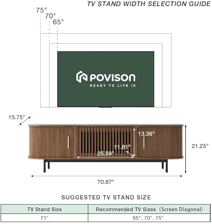 POVISON Fully-Assembled Mid Century Modern Black TV Stand with White Matte Travertine Stone Tabletop & LED Lights, Rolling Door Media Console, Wood TV Console for Living Room