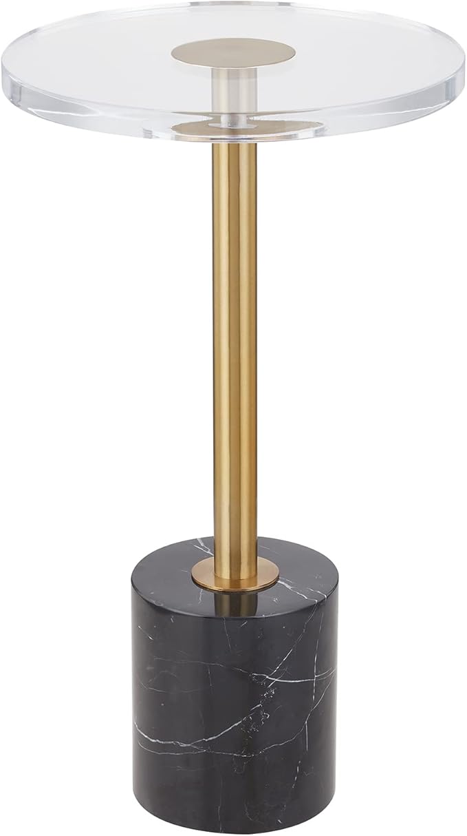 LIKENOW Furniture Acrylic Side Table,Clear Small Round End Table for Living Room,Bedroom,Office | Modern Nightstand with Marble Base,Gold Post,Clear Top for Drink,Food,Snack,Assembly(Black)