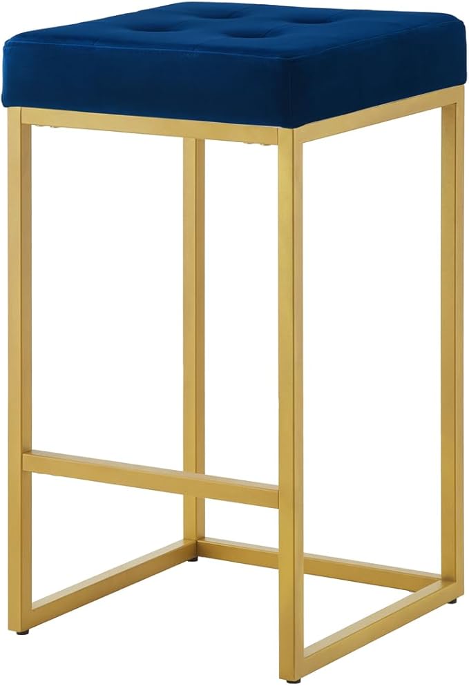 24KF Contemporary Counter Height Bar Stool Set of 2 for Kitchen Island, 26" H Velvet Padded Gold Barstool Bar Chair,5066-Navy
