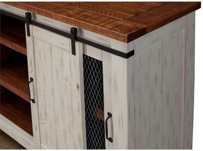 Martin Svensson Home Rustic 65” Solid Wood TV Stand with Storage, White and Aged Distressed Pine