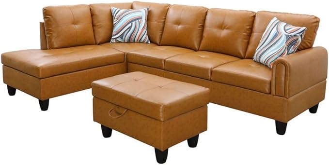 Ginger L-Shaped 3-Piece Faux Leather Sofa with Storage Ottoman Set, Sectional Couch Sofa Set for Living Room, Office, Small Space