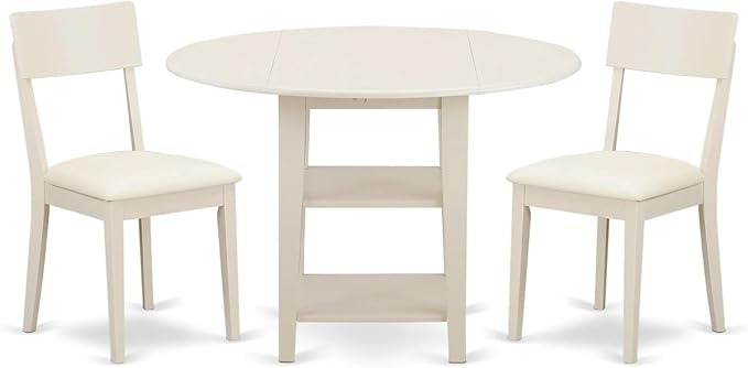 East West Furniture SUAD3-LWH-LC 3 Piece Dining Set Contains a Round Dining Room Table with Dropleaf & Shelves and 2 Faux Leather Upholstered Chairs, 42x42 Inch, Linen White
