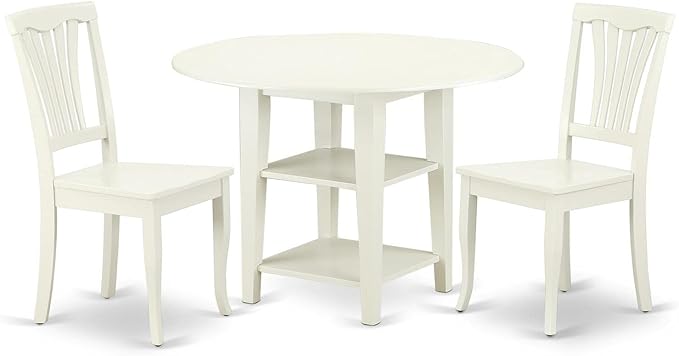 East West Furniture SUAV3-LWH-W 3 Piece Dining Room Table Set Contains a Round Kitchen Table with Dropleaf & Shelves and 2 Dining Chairs, 42x42 Inch, Linen White