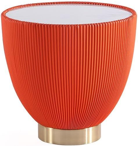 Manhattan Comfort Anderson Modern 18" Round End Table 2.0 | Ceramic Marble Tabletop, Elegant Pleated Leatherette Design & Gold Stainless Steel Base, Fully Assembled Accent Furniture, Set of 1, Orange