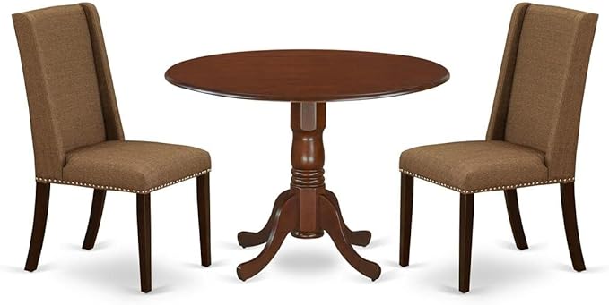 East West Furniture DLFL3-MAH-18 3 Piece Dining Set Contains a Round Dining Room Table with Dropleaf and 2 Brown Linen Linen Fabric Upholstered Parson Chairs, 42x42 Inch, Mahogany