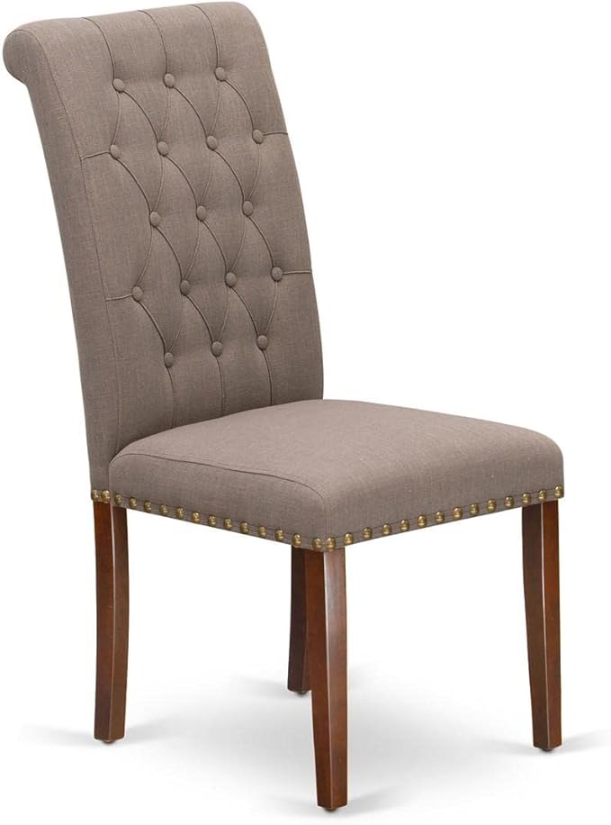 East West Furniture BRP3T18 Bremond Parson Kitchen Chairs - Button Tufted Nailhead Trim Brown Linen Linen Fabric Padded Dining Chairs, Set of 2, Mahogany