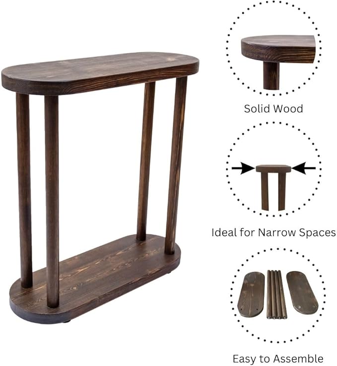 Oval Solid Wood Narrow Side Table, Slim Small Pedestal Coffee Table for Living Room, Modern Minimalist Design for Small Spaces, Recliner Drink Table (Dark Walnut, Large)